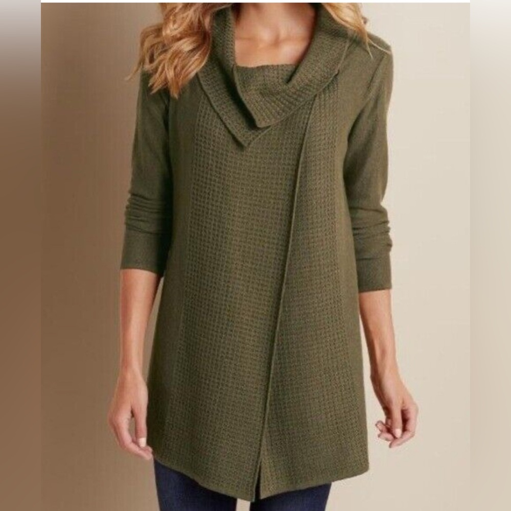 Soft Surroundings Olive‎ Green Waffle Knit Collared Tunic Sweater XS